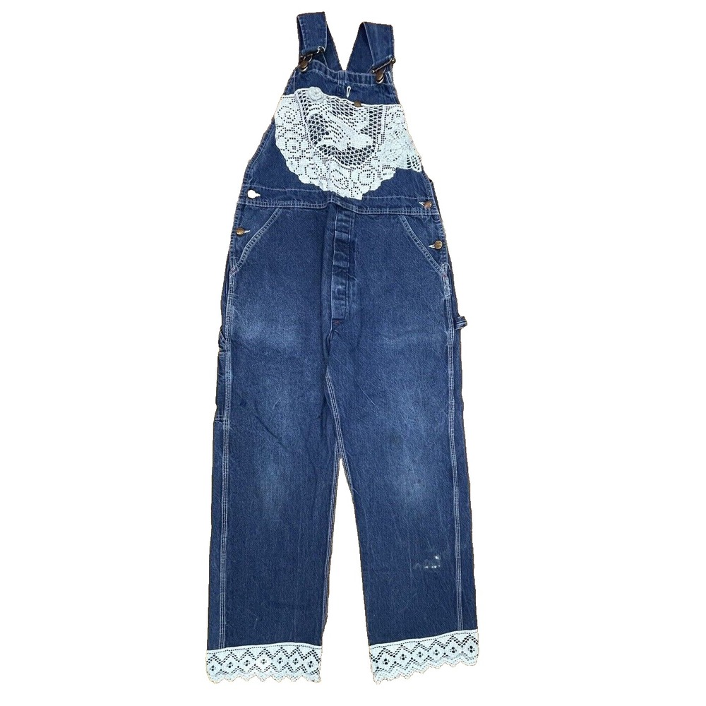 Round House Brand Blue Denim Jeans Bib Overalls Shorts 34X32‎ Lace Embellished